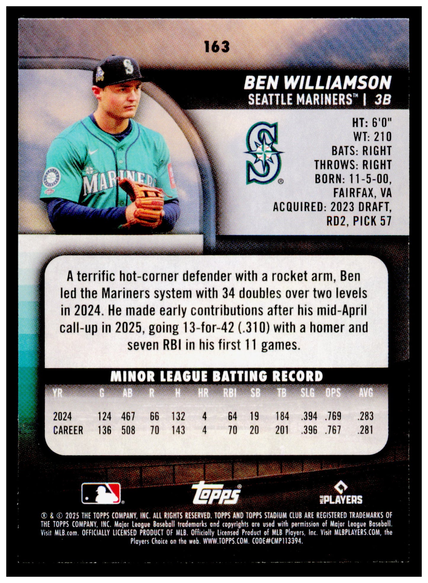 2025 Stadium Club Ben Williamson Card RC Seattle Mariners #163