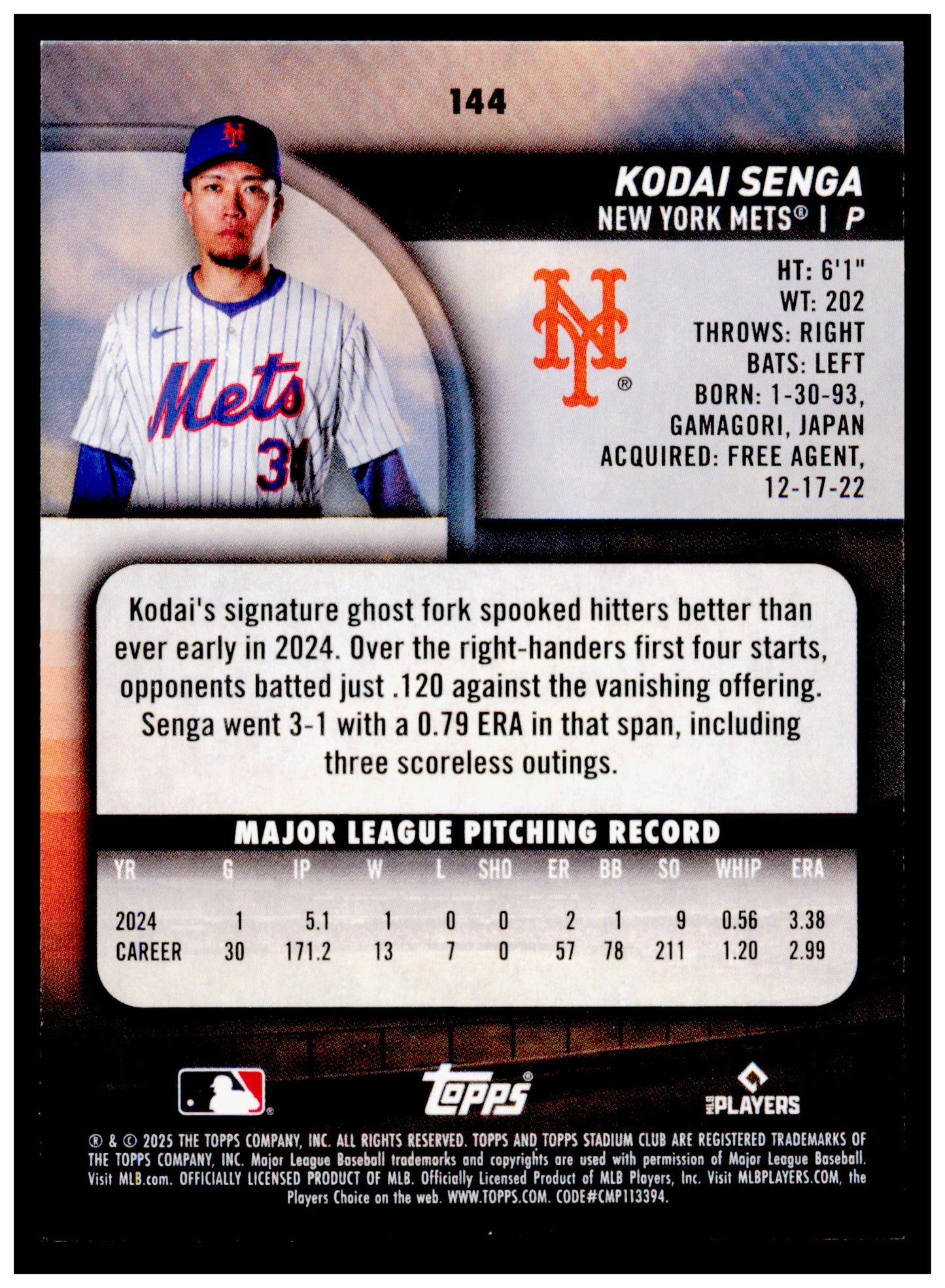 2025 Stadium Club Kodai Senga Card New York Mets #144