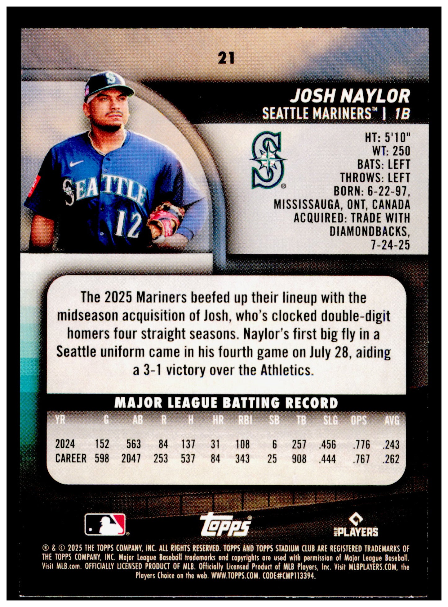 2025 Stadium Club Josh Naylor Card Seattle Mariners #21