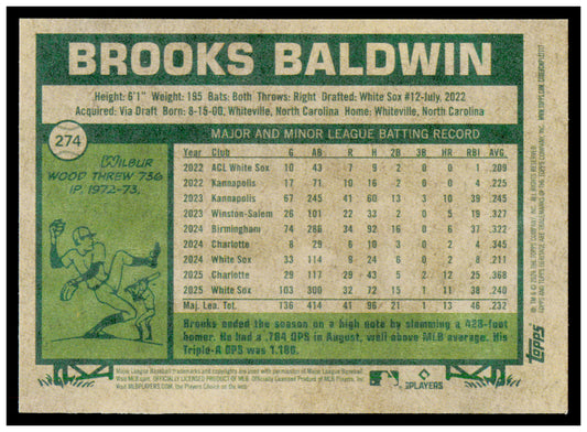 2026 Topps Heritage Brooks Baldwin Card Chicago White Sox #274