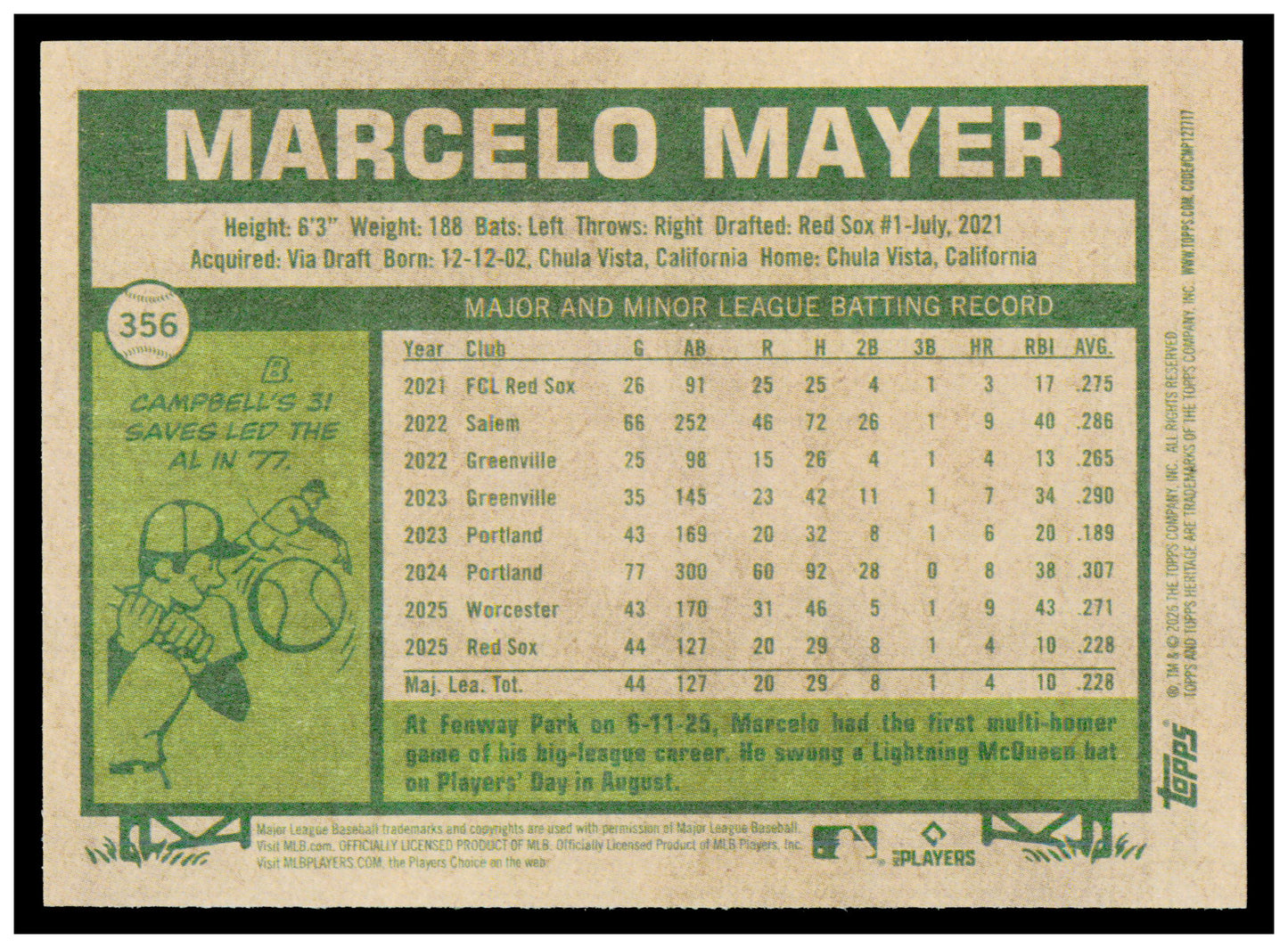 2026 Topps Heritage Marcelo Mayer Card Boston Red Sox #356