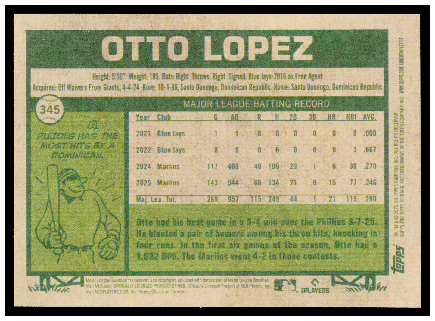 2026 Topps Heritage Otto Lopez Card Miami Marlins #345
