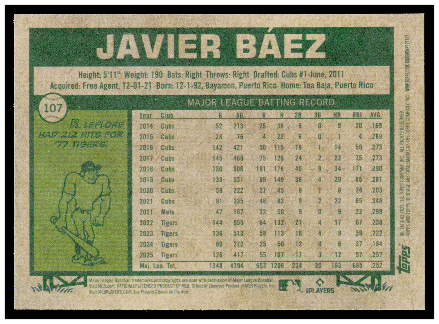 2026 Topps Heritage Javier Báez Card Detroit Tigers #107