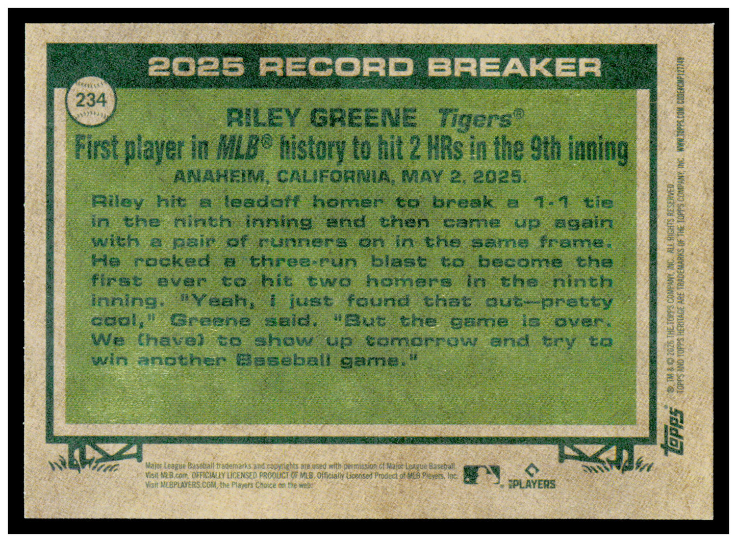 2026 Topps Heritage Riley Greene Card Detroit Tigers #234