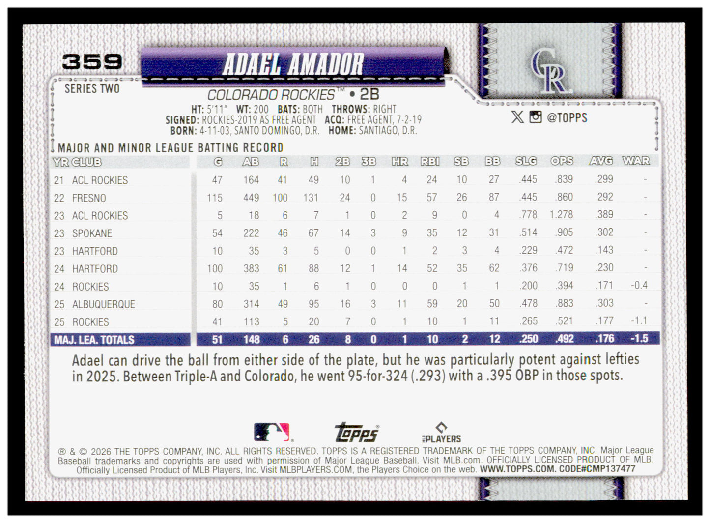Series 2 Baseball Adael Amador Card Colorado Rockies #359