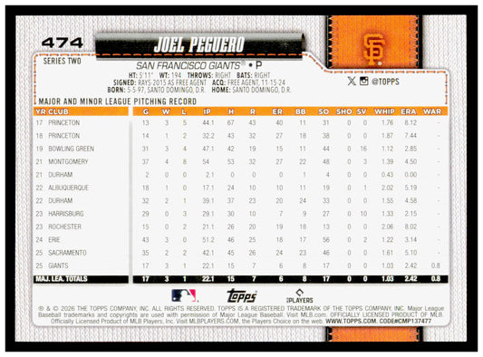 Series 2 Baseball Joel Peguero Card RC San Francisco Giants #474