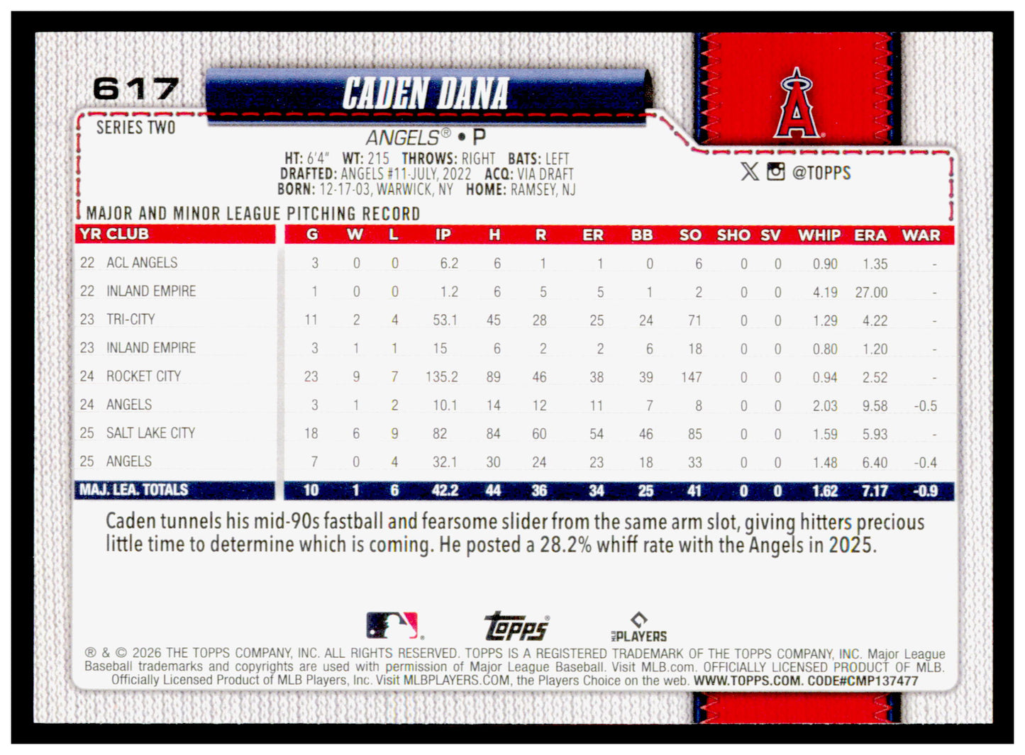 Series 2 Baseball Caden Dana Card Los Angeles Angels #617