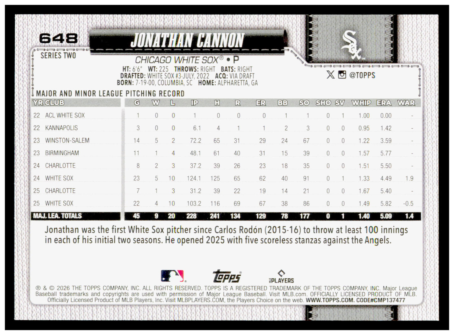 Series 2 Baseball Jonathan Cannon Card Chicago White Sox #648