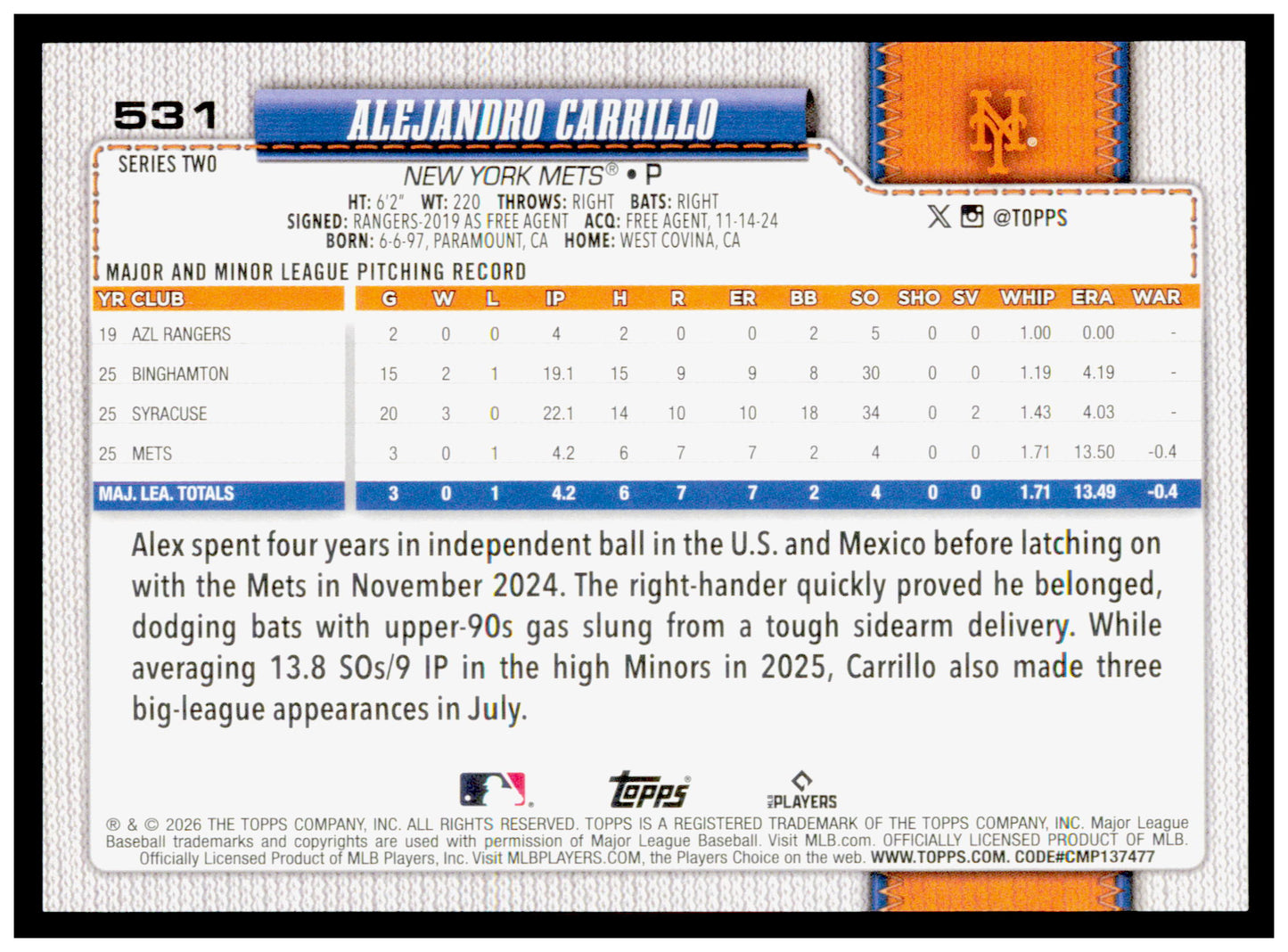 Series 2 Baseball Alejandro Carrillo Card RC New York Mets #531