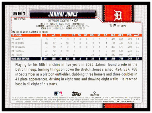 Series 2 Baseball Jahmai Jones Card Rainbow Foil Detroit Tigers #591