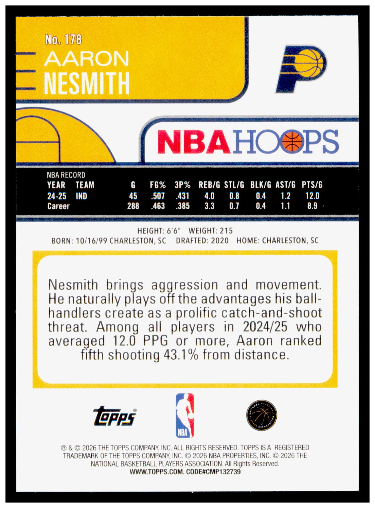 2025-26 Hoops Aaron Nesmith Card Indiana Pacers #178
