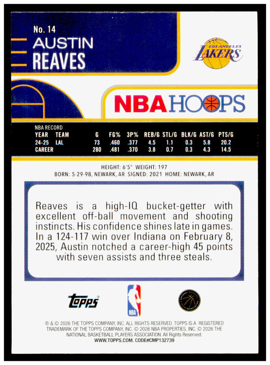 2025-26 Hoops Austin Reaves Card Los Angeles Lakers #14