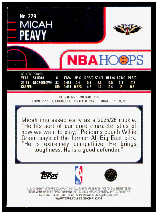 2025-26 Hoops Micah Peavy Card RC New Orleans Pelicans #229