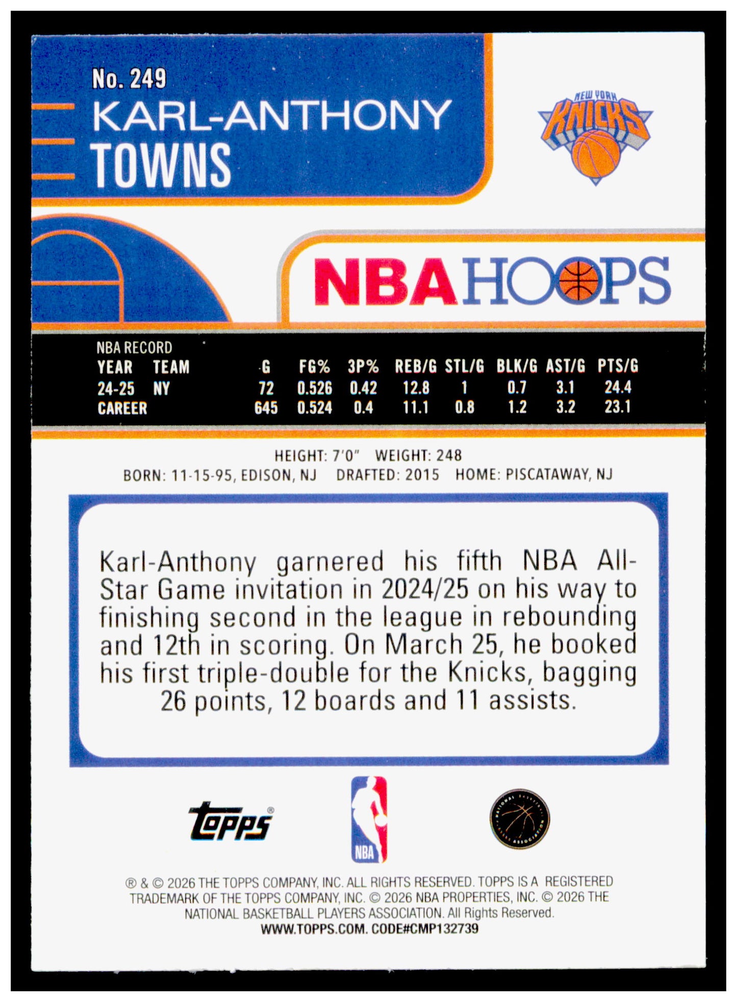2025-26 Hoops Karl-Anthony Towns Card New York Knicks #249