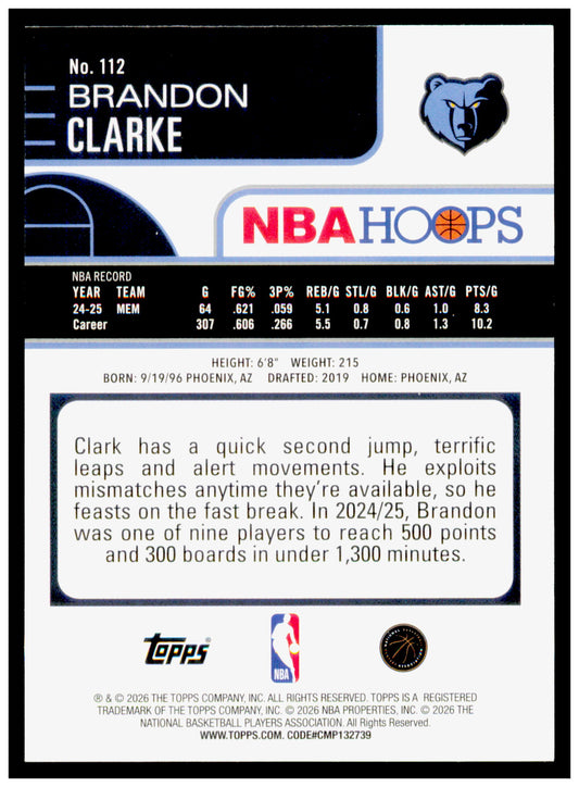 2025-26 Hoops Brandon Clarke Card Memphis Grizzlies #112