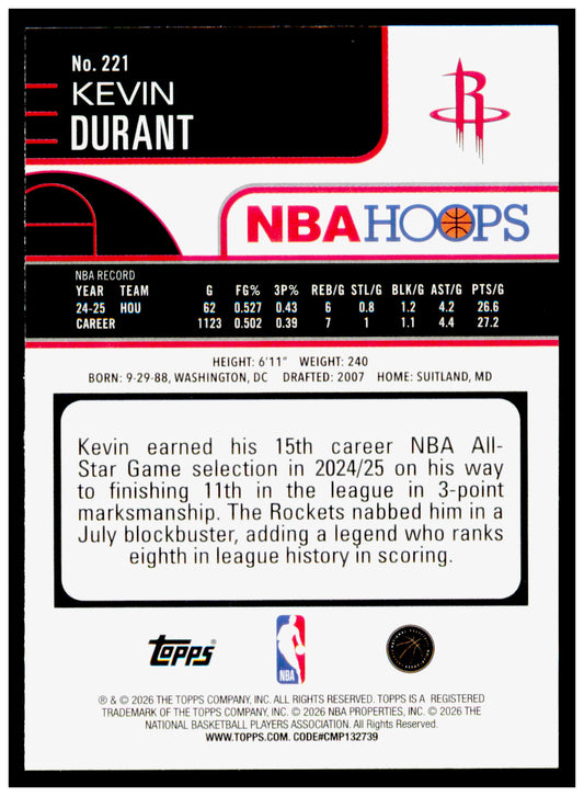 2025-26 Hoops Kevin Durant Card Houston Rockets #221