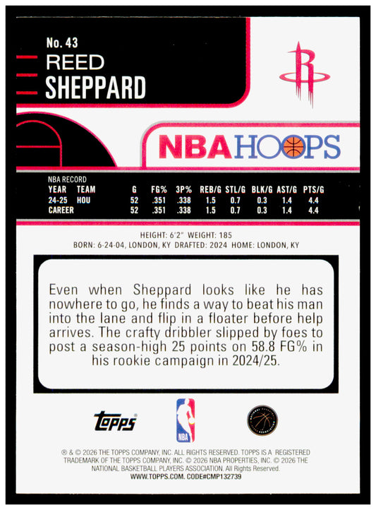2025-26 Hoops Reed Sheppard Card Houston Rockets #43