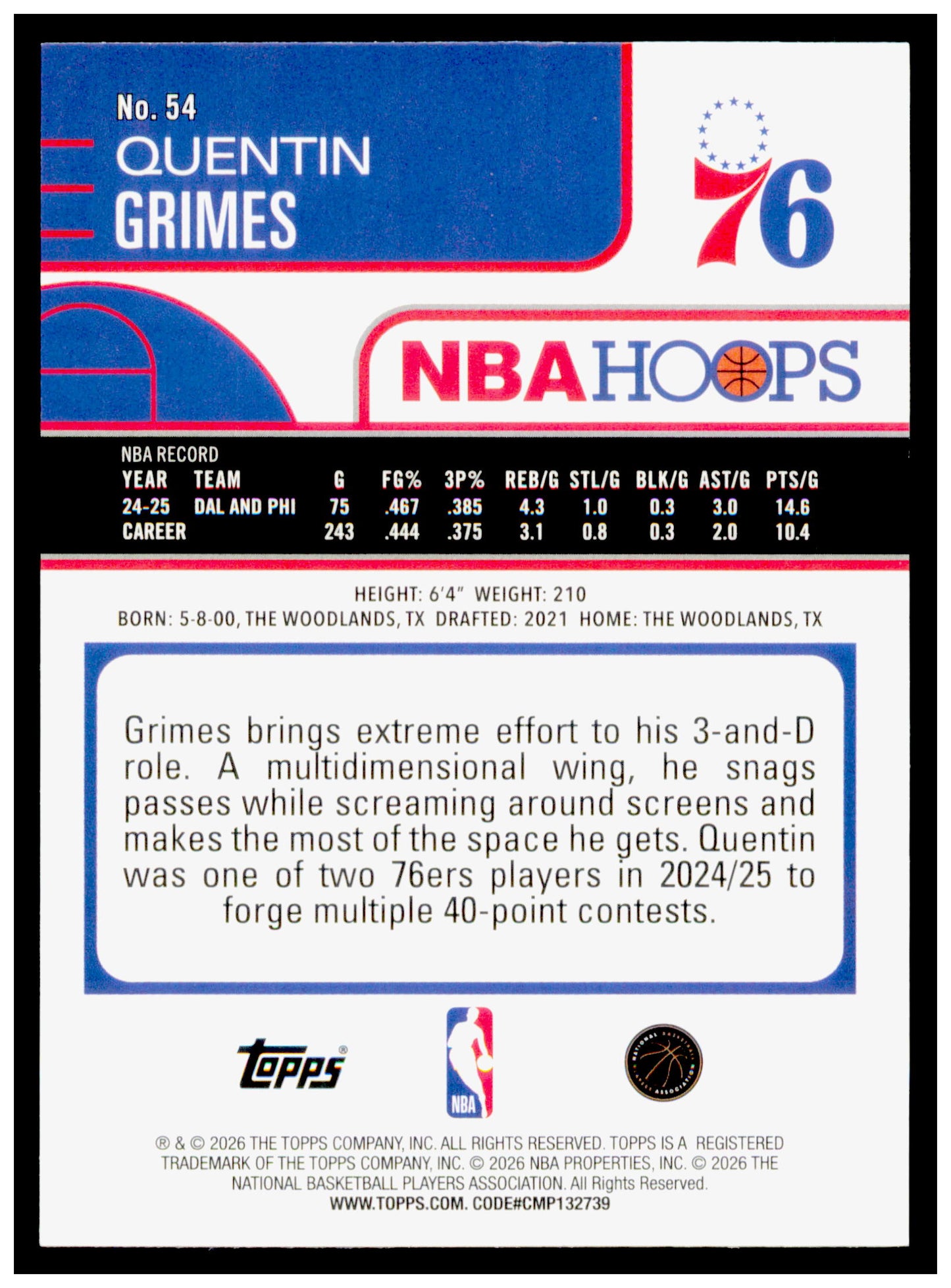 2025-26 Hoops Quentin Grimes Card Philadelphia 76ers #54