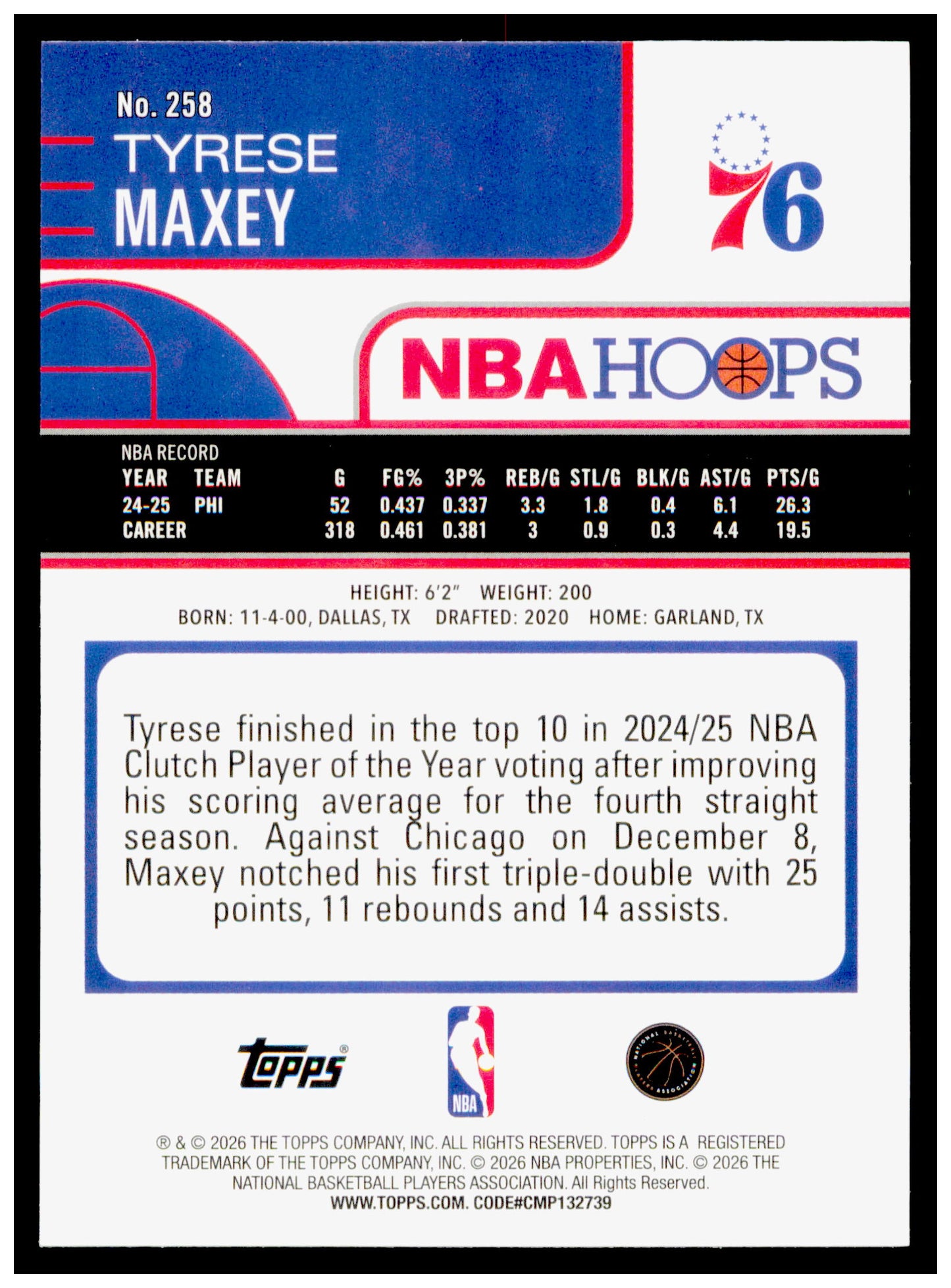 2025-26 Hoops Tyrese Maxey Card Philadelphia 76ers #258