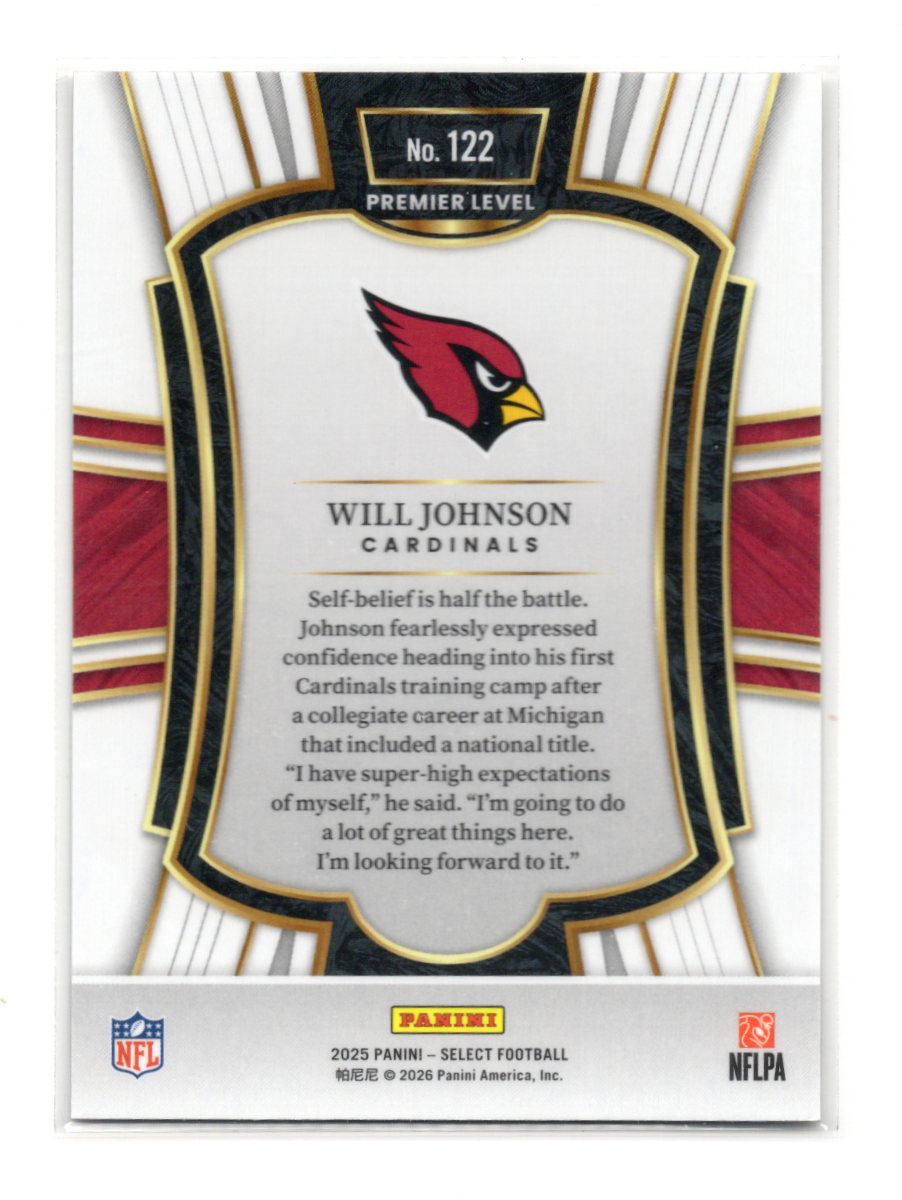 2025 Panini Select Will Johnson Card RC Arizona Cardinals #122