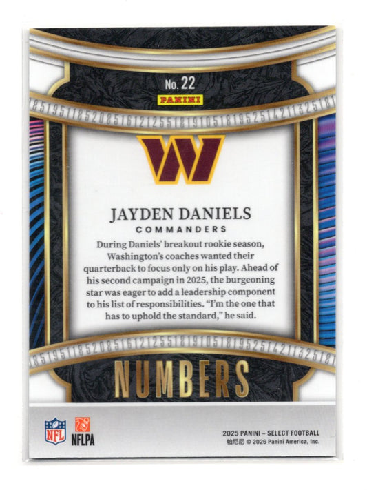 2025 Panini Select Jayden Daniels Card Select Numbers Washington Commanders #22
