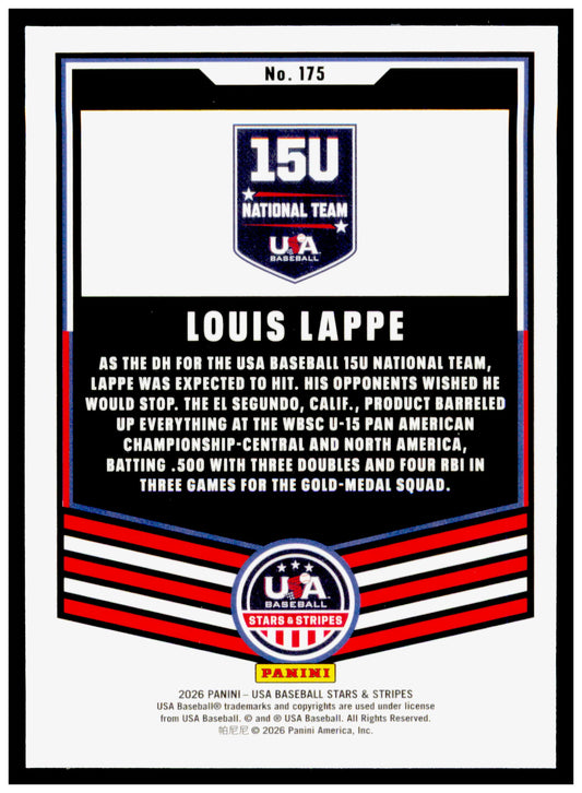 2026 Panini Stars & Stripes Prizm USA Baseball Louis Lappe Card USA #175