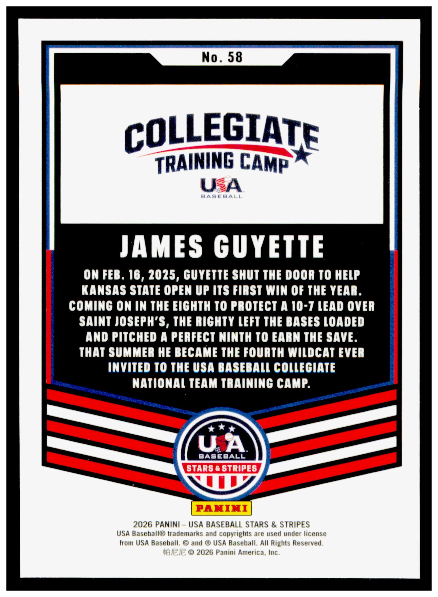 2026 Panini Stars & Stripes Prizm USA Baseball James Guyette Card USA #58