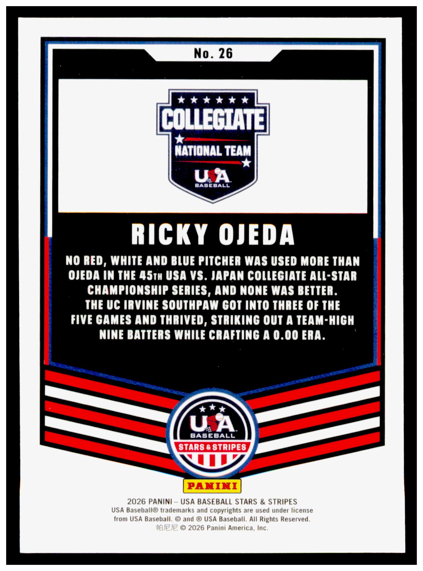 2026 Panini Stars & Stripes Prizm USA Baseball Ricky Ojeda Card USA #26