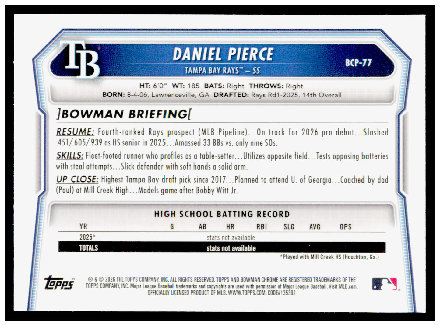 2026 Bowman Daniel Pierce Card Chrome Prospects Tampa Bay Rays #BCP-77