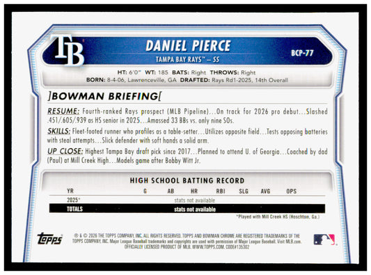 2026 Bowman Daniel Pierce Card Chrome Prospects Tampa Bay Rays #BCP-77