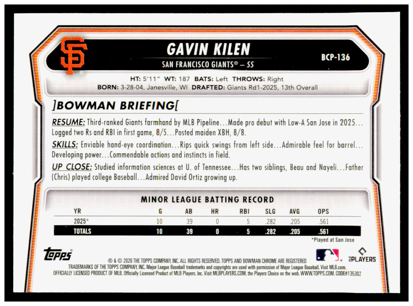 2026 Bowman Gavin Kilen Card Chrome Prospects San Francisco Giants #BCP-136