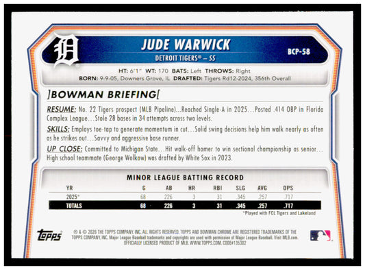 2026 Bowman Jude Warwick Card Chrome Prospects Detroit Tigers #BCP-58