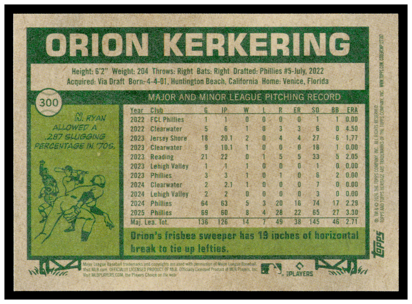 2026 Topps Heritage Orion Kerkering Card Dark Yellow Philadelphia Phillies #300