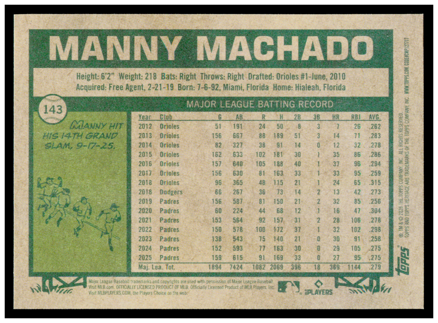 2026 Topps Heritage Manny Machado Card San Diego Padres #143