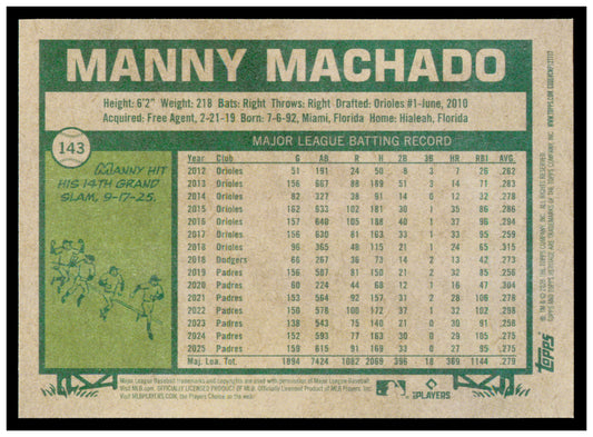 2026 Topps Heritage Manny Machado Card San Diego Padres #143