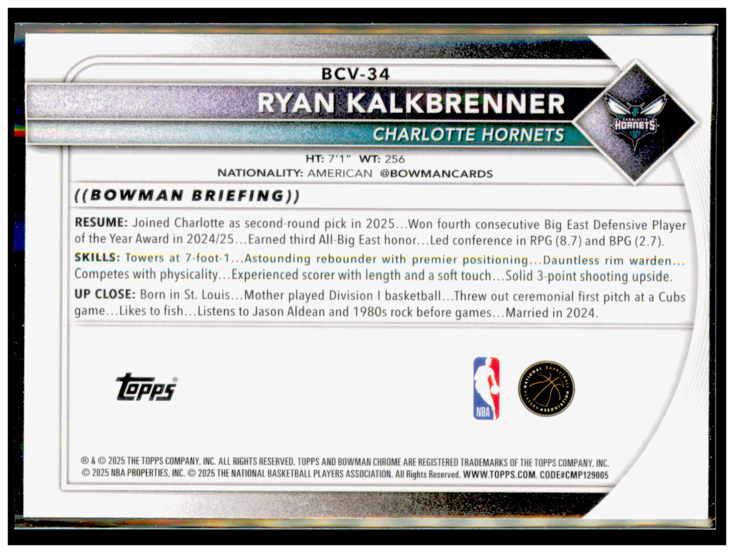 2025-26 Bowman Ryan Kalkbrenner Card RC Charlotte Hornets #34