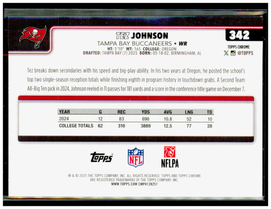 2025 Topps Chrome Tez Johnson Card RC Tampa Bay Buccaneers #342