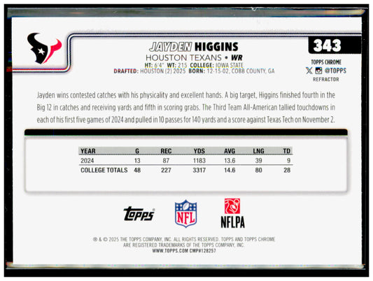 2025 Topps Chrome Jayden Higgins Card RC Houston Texans #343