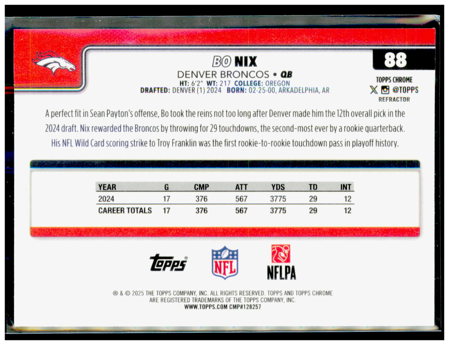 2025 Topps Chrome Bo Nix Card Refractor Denver Broncos #88
