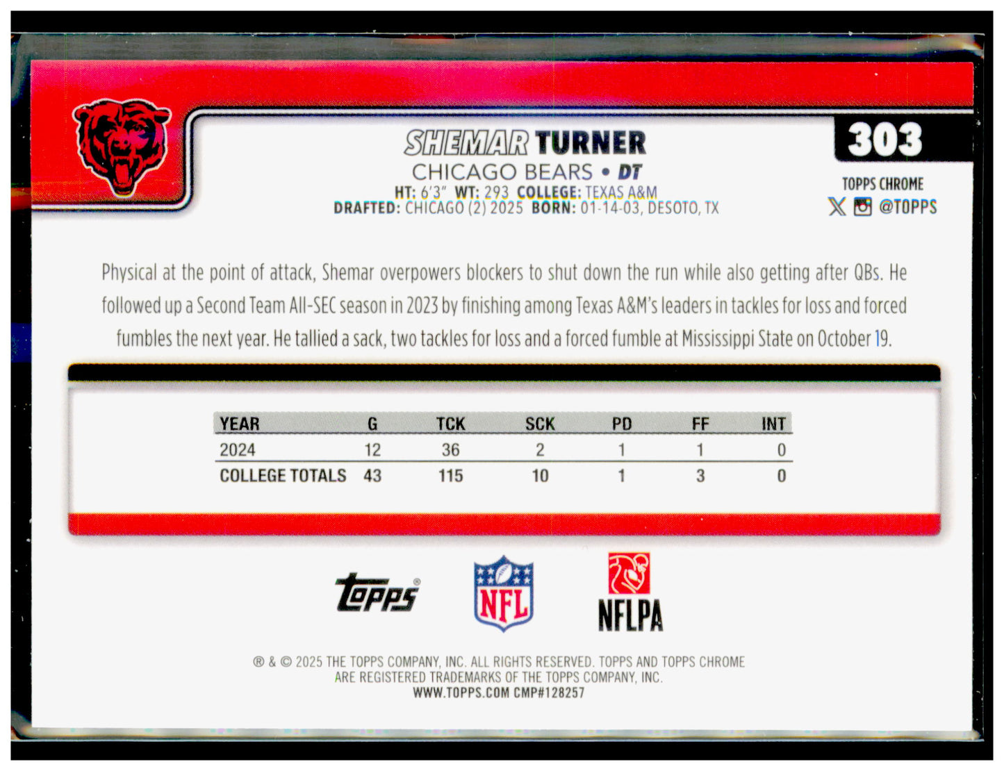 2025 Topps Chrome Shemar Turner Card RC Chicago Bears #303