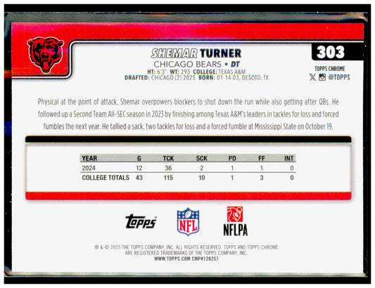 2025 Topps Chrome Shemar Turner Card RC Chicago Bears #303