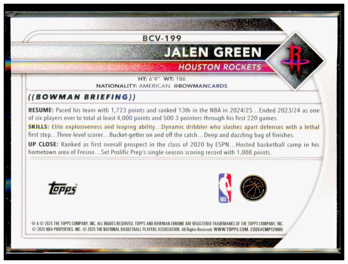 2025-26 Bowman Jalen Green Card Chrome Mojo Refractors Houston Rockets #BCV-199