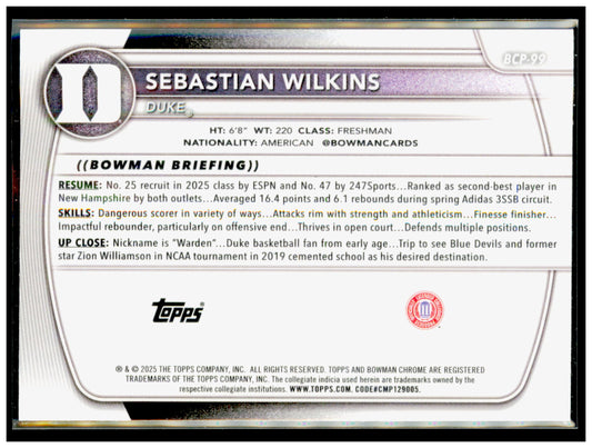 2025-26 Bowman Sebastian Wilkins Card Chrome Prospects Duke Blue Devils #BCP-99