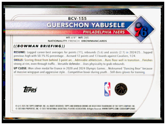2025-26 Bowman Guerschon Yabusele Card Chrome Philadelphia 76ers #BCV-155
