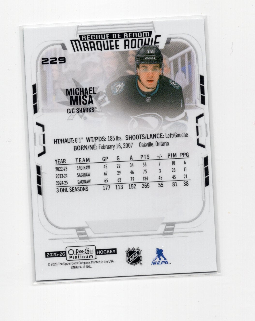 2025-26 O-Pee-Chee Platinum Michael Misa Card RC San Jose Sharks #229