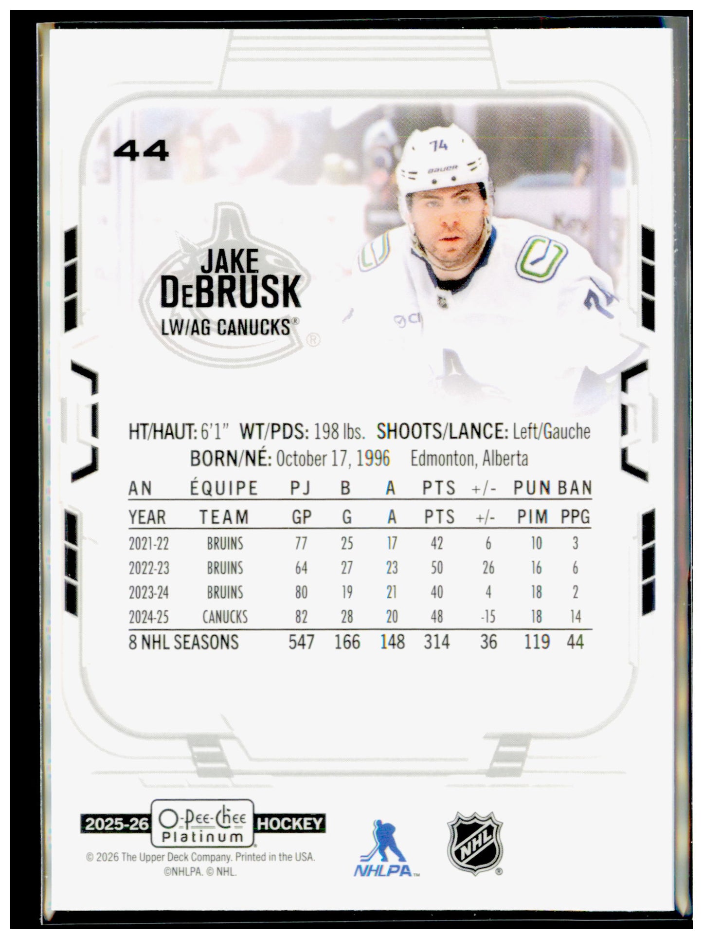 2025-26 O-Pee-Chee Platinum Jake DeBrusk Card Vancouver Canucks #44