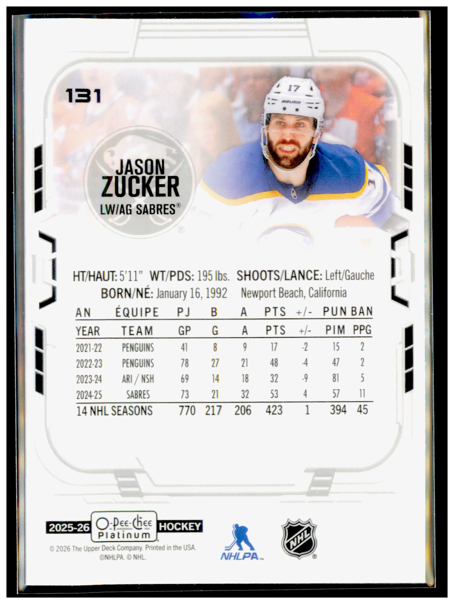 2025-26 O-Pee-Chee Platinum Jason Zucker Card Buffalo Sabres #131