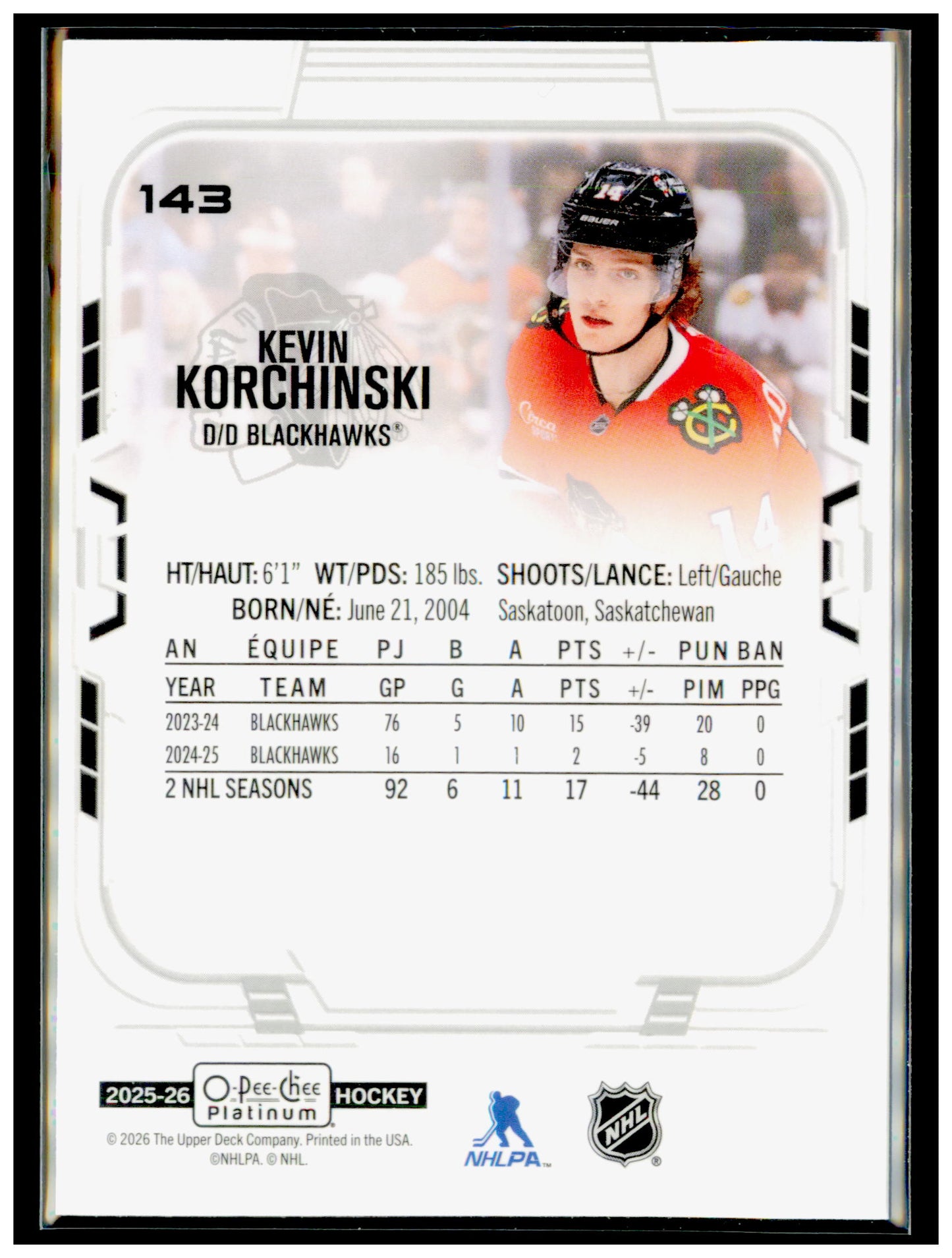 2025-26 O-Pee-Chee Platinum Kevin Korchinski Card Chicago Blackhawks #143