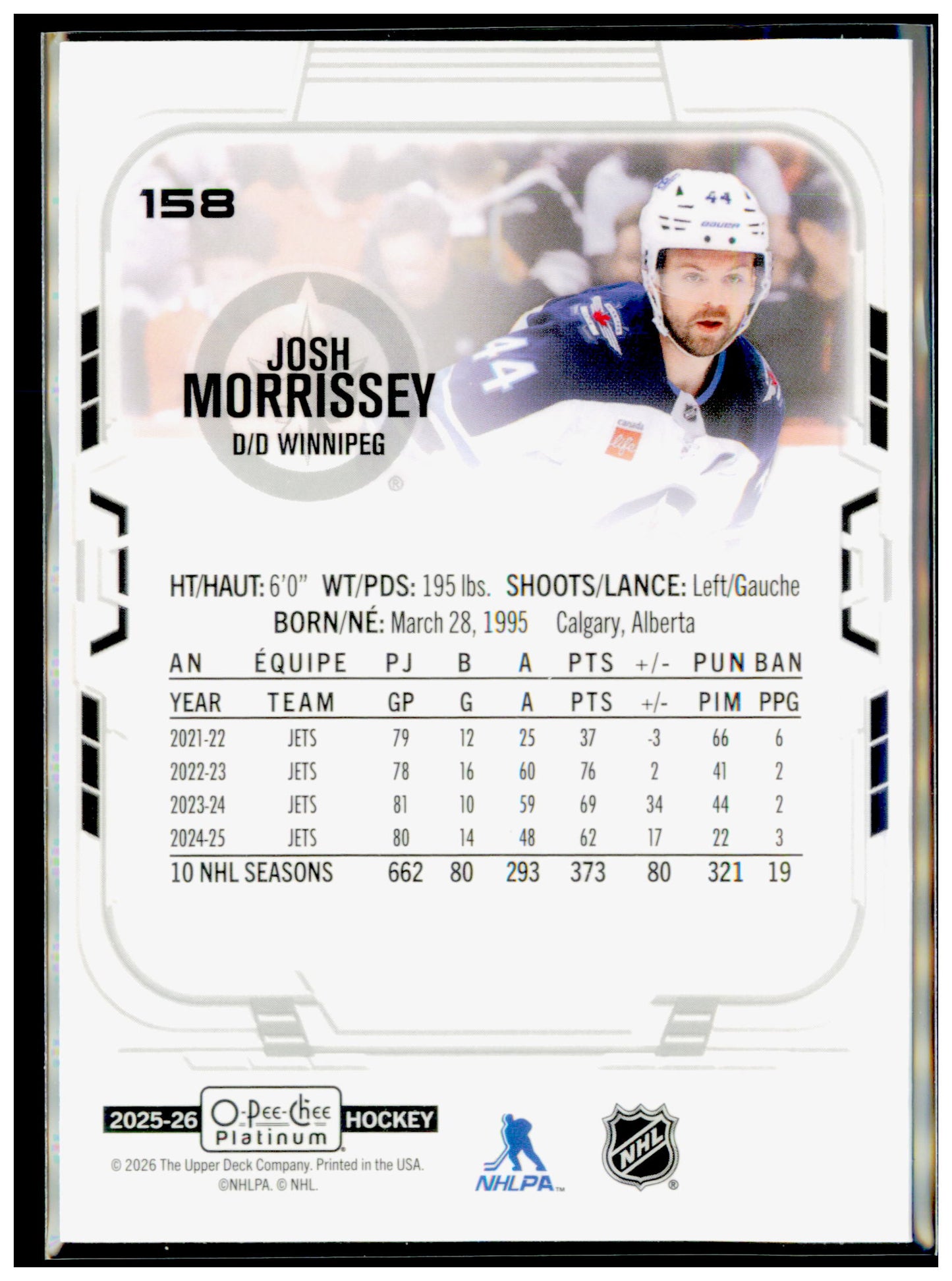 2025-26 O-Pee-Chee Platinum Josh Morrissey Card Winnipeg Jets #158