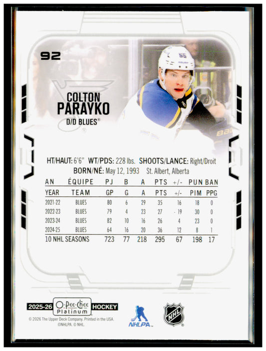 2025-26 O-Pee-Chee Platinum Colton Parayko Card St. Louis Blues #92